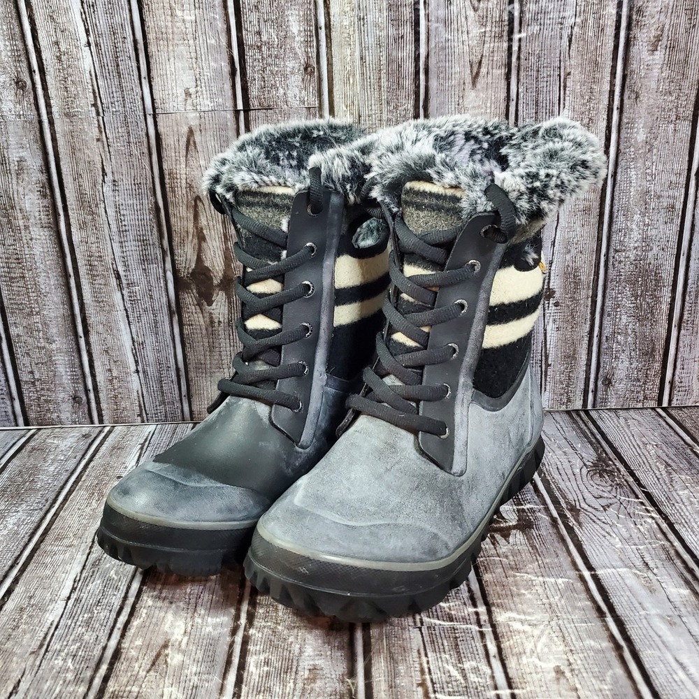 Bogs Women's Arcata Stripe Wool Waterproof Winter Boots Faux Fur Gray Size 7